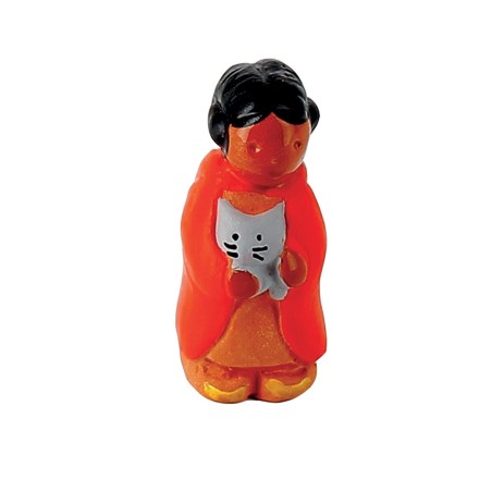 CRECHE B2 N°06 - La petite fille au chat - Santons en terre cuite (6cm) | JOUARRE (Abbaye Notre-Dame de)
