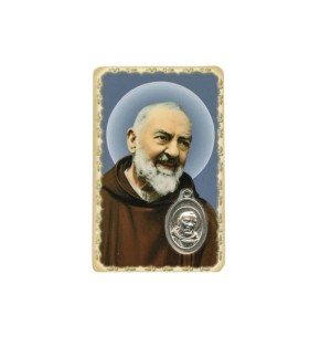 Carte plastifiée avec prière et médaille Padre Pio