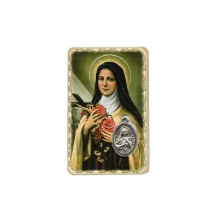 Carte plastifiée avec prière et médaille Sainte Thérèse
