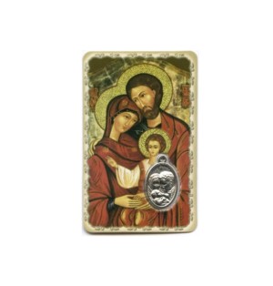 Carte plastifiée avec prière et médaille Sainte Famille