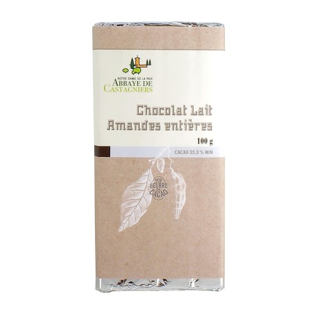 Tablette de chocolat au lait et amandes entières - 100 g | CASTAGNIERS (Abbaye Notre-Dame-de-la-Paix de)