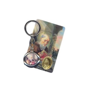 Carte plastifiée avec prière et poinçon Croix de Saint Benoit et un Porte Clé