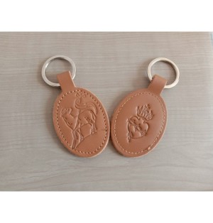 Porte-clés en cuir marron avec motif Agneau et Sacré-Coeur - (JE-PC03)