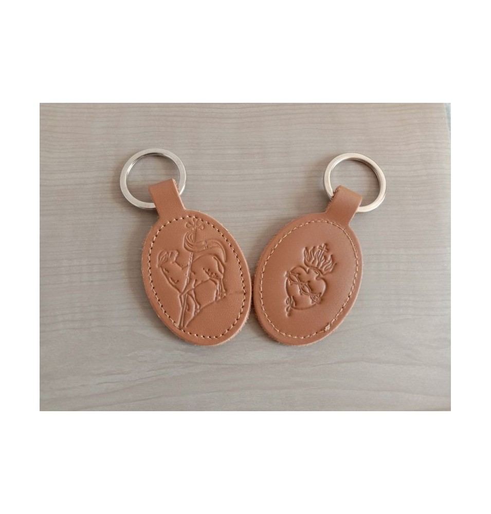 Porte-clés en cuir marron avec motif Agneau et Sacré-Coeur - (JE-PC03)