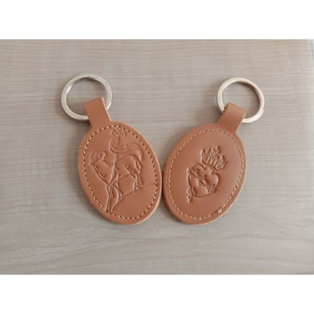 Porte-clés en cuir marron avec motif Agneau et Sacré-Coeur - (JE-PC03)