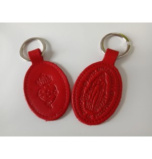 Porte-clés en cuir rouge avec motif ND de Pellevoisin et Sacré Coeur - (JE-PC04)