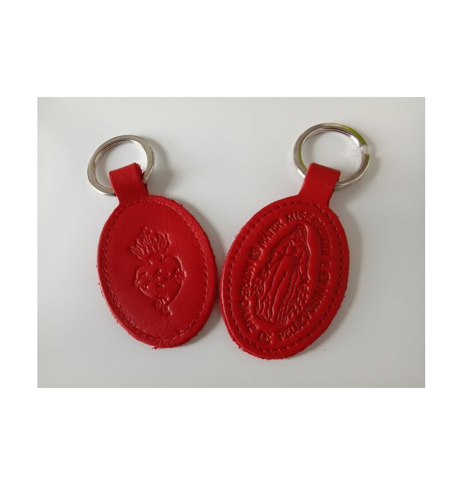 Porte-clés en cuir rouge avec motif ND de Pellevoisin et Sacré Coeur - (JE-PC04)