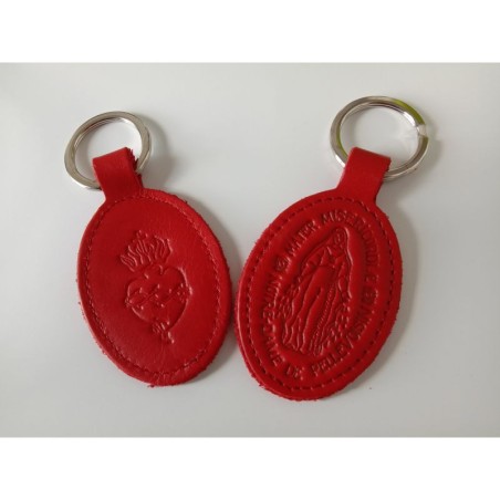 Porte-clés en cuir rouge avec motif ND de Pellevoisin et Sacré Coeur - (JE-PC04)