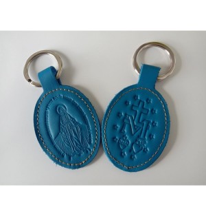 Porte-clés en cuir bleu avec motif médaille miraculeuse - (JE-PC05)