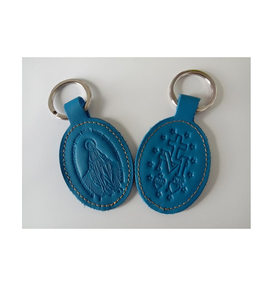 Porte-clés en cuir bleu avec motif médaille miraculeuse - (JE-PC05)