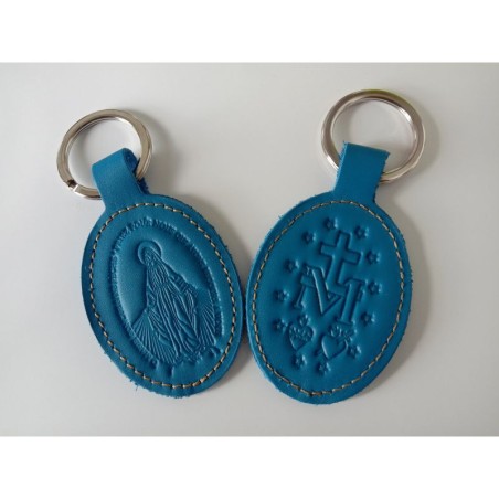 Porte-clés en cuir bleu avec motif médaille miraculeuse - (JE-PC05)