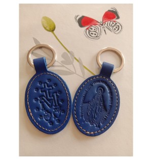Porte clés en cuir bleu foncé motif médaille miraculeuse - (JE-PC06)