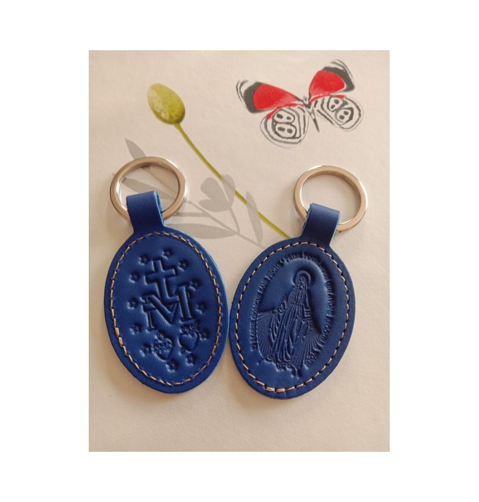 Porte clés en cuir bleu foncé motif médaille miraculeuse - (JE-PC06)