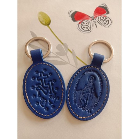 Porte clés en cuir bleu foncé motif médaille miraculeuse - (JE-PC06)