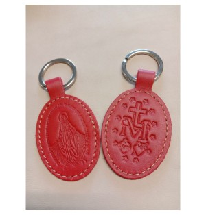 Porte-clés en cuir rouge avec motif médaille miraculeuse - (JE-PC07)