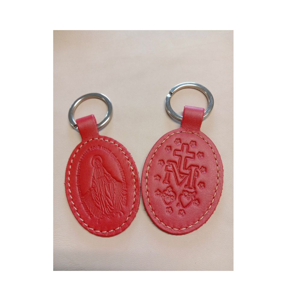 Porte-clés en cuir rouge avec motif médaille miraculeuse - (JE-PC07)