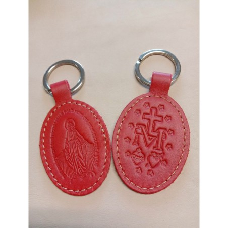 Porte-clés en cuir rouge avec motif médaille miraculeuse - (JE-PC07)
