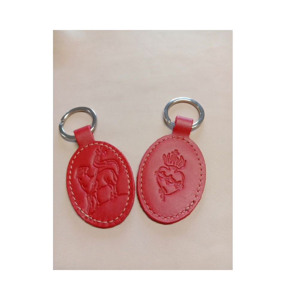 Porte-clés en cuir rouge avec motif agneau et Sacré coeur - (JE-PC08)
