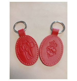 Porte-clés en cuir rouge avec motif Croix Esprit St et Sacré coeur - (JE-PC09)