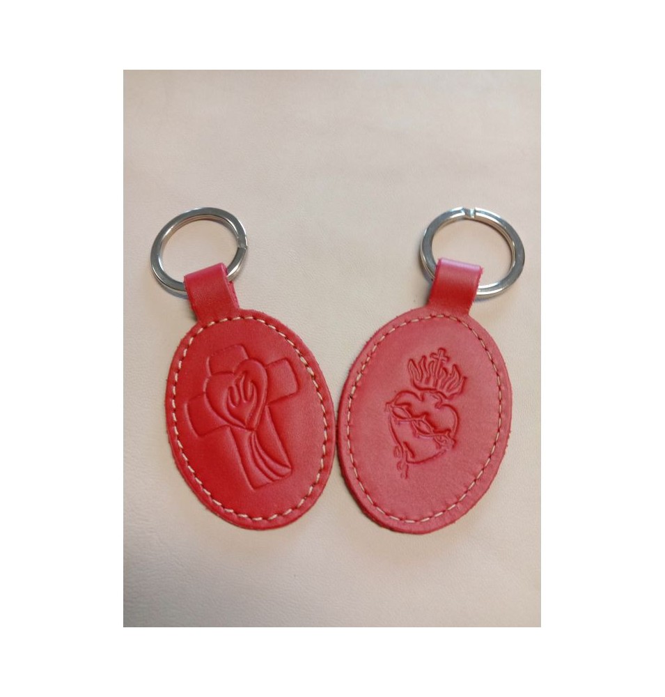 Porte-clés en cuir rouge avec motif Croix Esprit St et Sacré coeur - (JE-PC09)