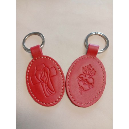 Porte-clés en cuir rouge avec motif Croix Esprit St et Sacré coeur - (JE-PC09)