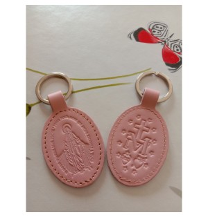 Porte-clés en cuir rose pâle avec motif médaille miraculeuse - (JE-PC13)