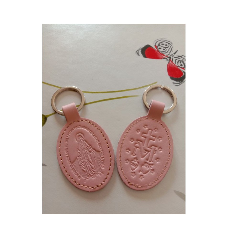 Porte-clés en cuir rose pâle avec motif médaille miraculeuse - (JE-PC13)