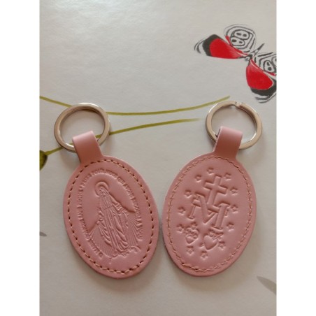 Porte-clés en cuir rose pâle avec motif médaille miraculeuse - (JE-PC13)