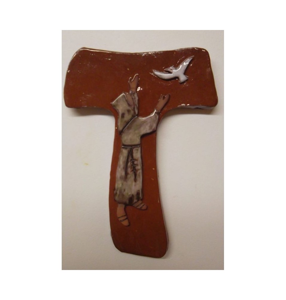 Croix Laudato Si, avec Saint François, en Terrre Cuite Émaillée - (SC-LSém)