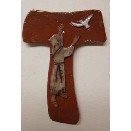 Croix Laudato Si, avec Saint François, en Terrre Cuite Émaillée - (SC-LSém)