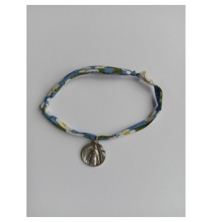 Bracelet liberty bleu à fleurs avec médaille ND de Pellevoisin - (JE-BRL05)