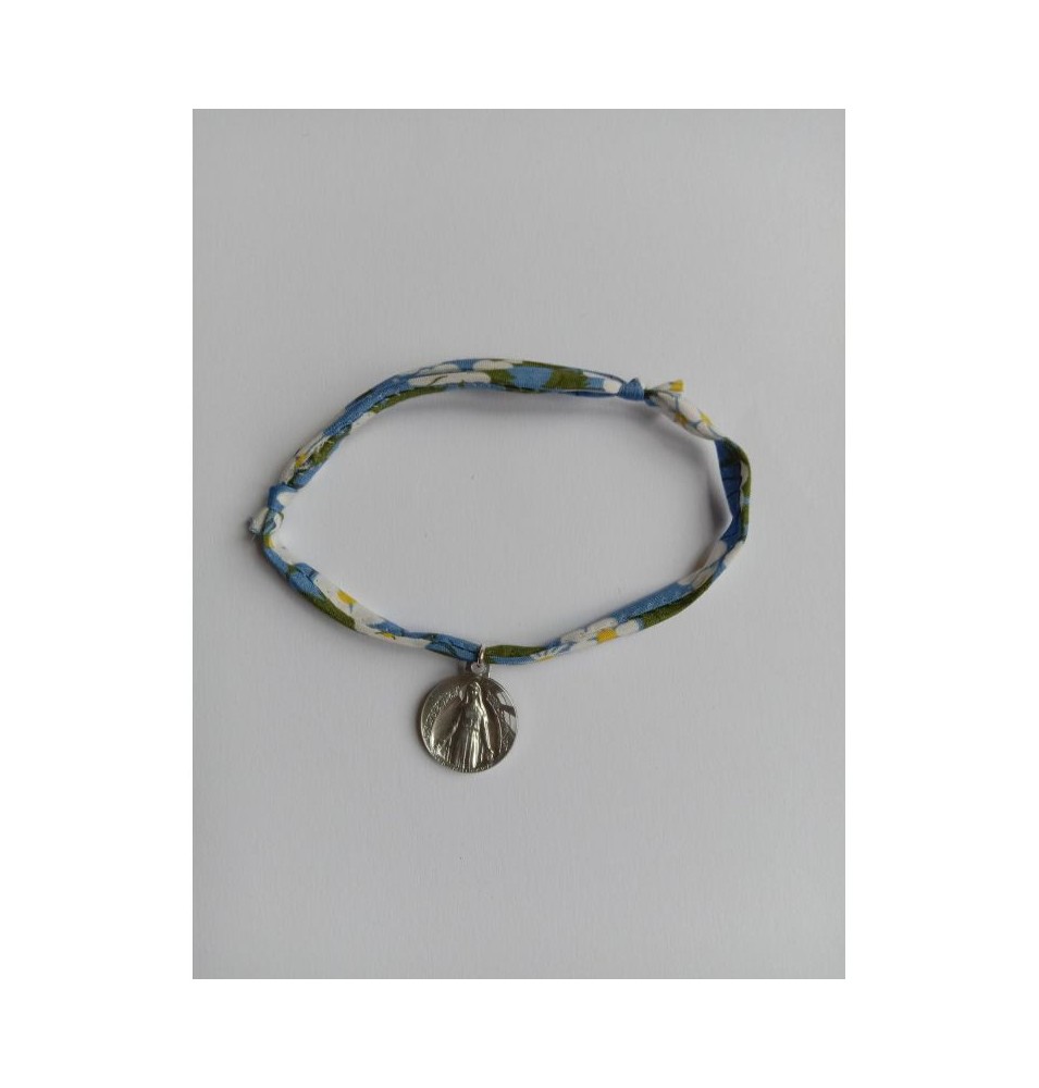 Bracelet liberty bleu à fleurs avec médaille ND de Pellevoisin - (JE-BRL05)