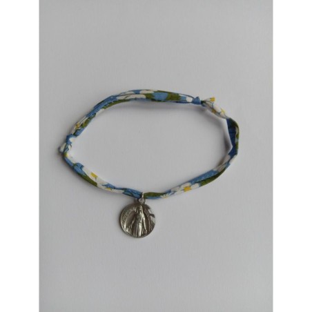 Bracelet liberty bleu à fleurs avec médaille ND de Pellevoisin - (JE-BRL05)