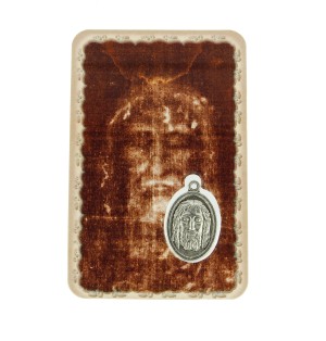 Carte plastifiée avec prière et médaille Saint Suaire