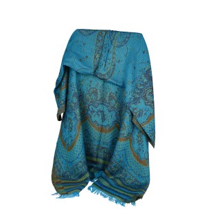 Châle Indien Pashmina Motifs et Bandes Turquoise, Dorées