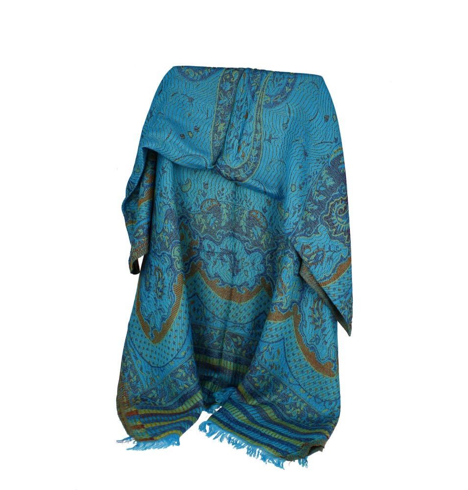 Châle Indien Pashmina Motifs et Bandes Turquoise, Dorées
