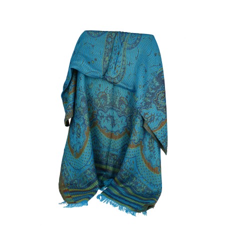 Châle Indien Pashmina Motifs et Bandes Turquoise, Dorées