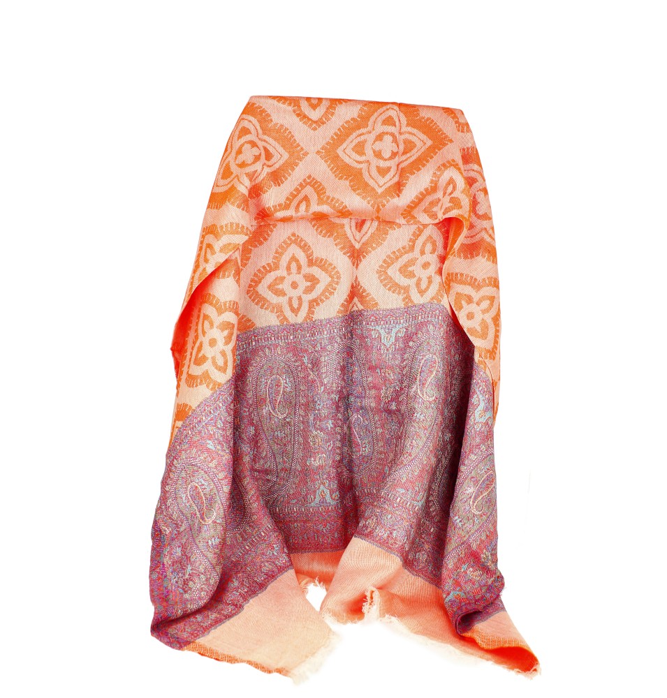 Châle Indien Pashmina Motifs Orange et Bandes Motifs Lavande ....