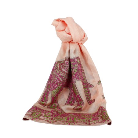Châle Indien Rose Saumon avec Eléphant