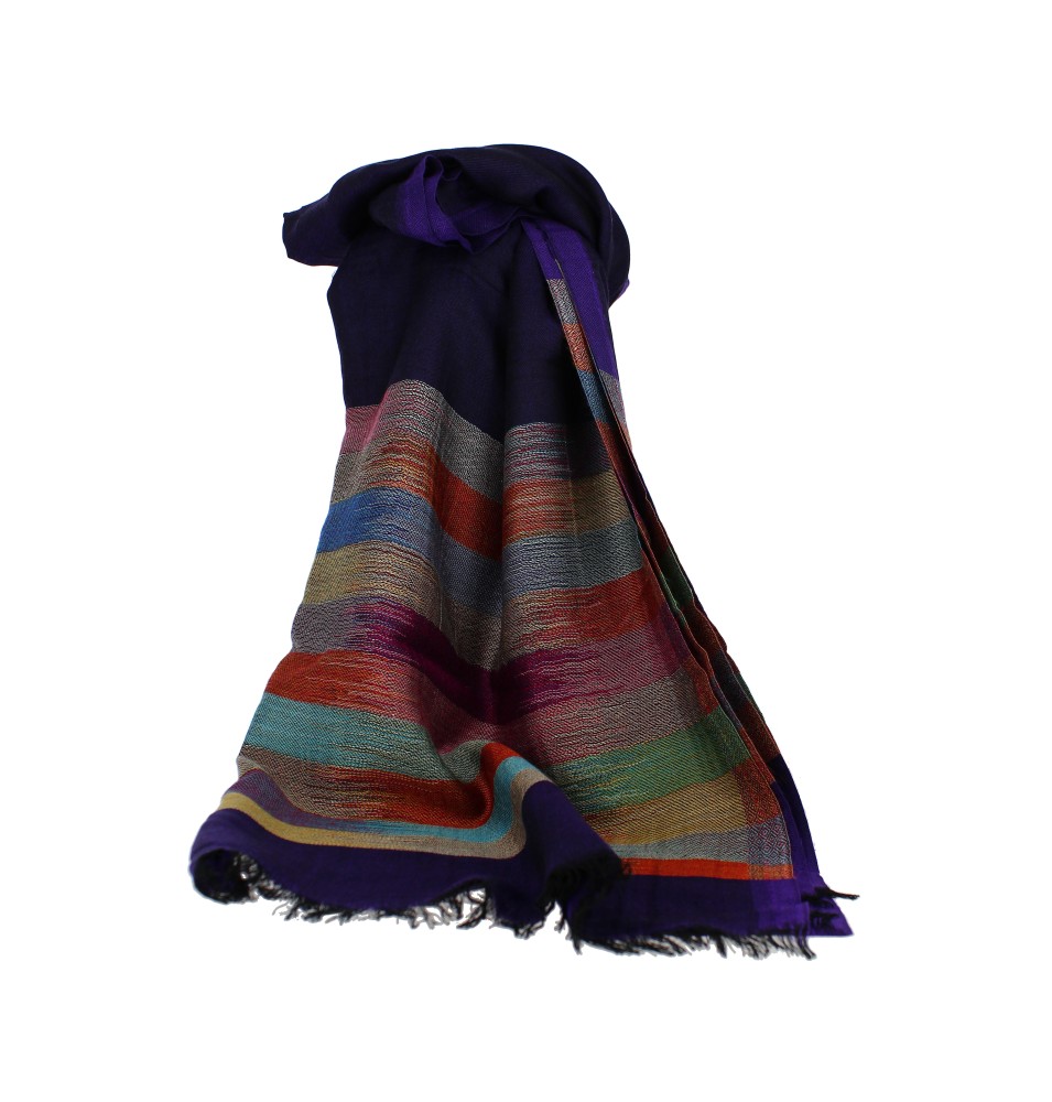Châle Indien Violet Foncé et Bandes Colorées