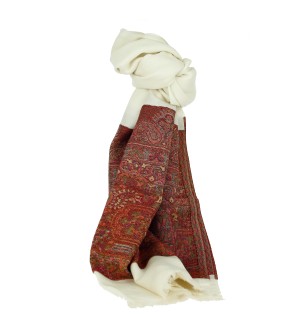 Châle Indien Blanc Bande Motifs Rouges Bleus