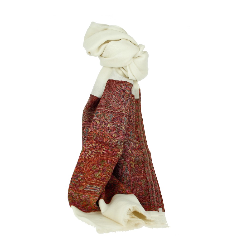 Châle Indien Blanc Bande Motifs Rouges Bleus