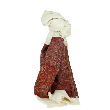 Châle Indien Blanc Bande Motifs Rouges Bleus