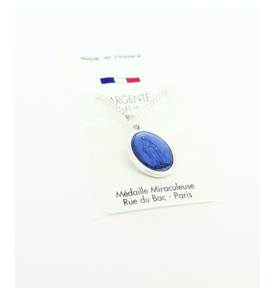 Pendentif argenté avec Médaille Miraculeuse bleue  - 45 cm