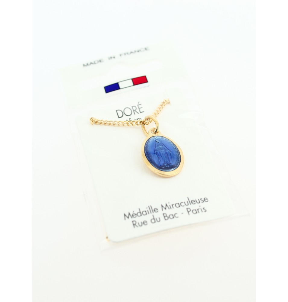 Pendentif doré avec Médaille Miraculeuse bleue  - 45 cm