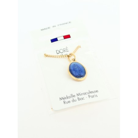 Pendentif doré avec Médaille Miraculeuse bleue  - 45 cm