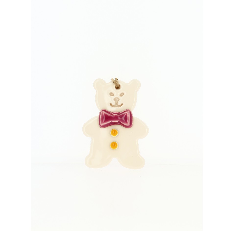 Ourson emaillé blanc- Noeud rose