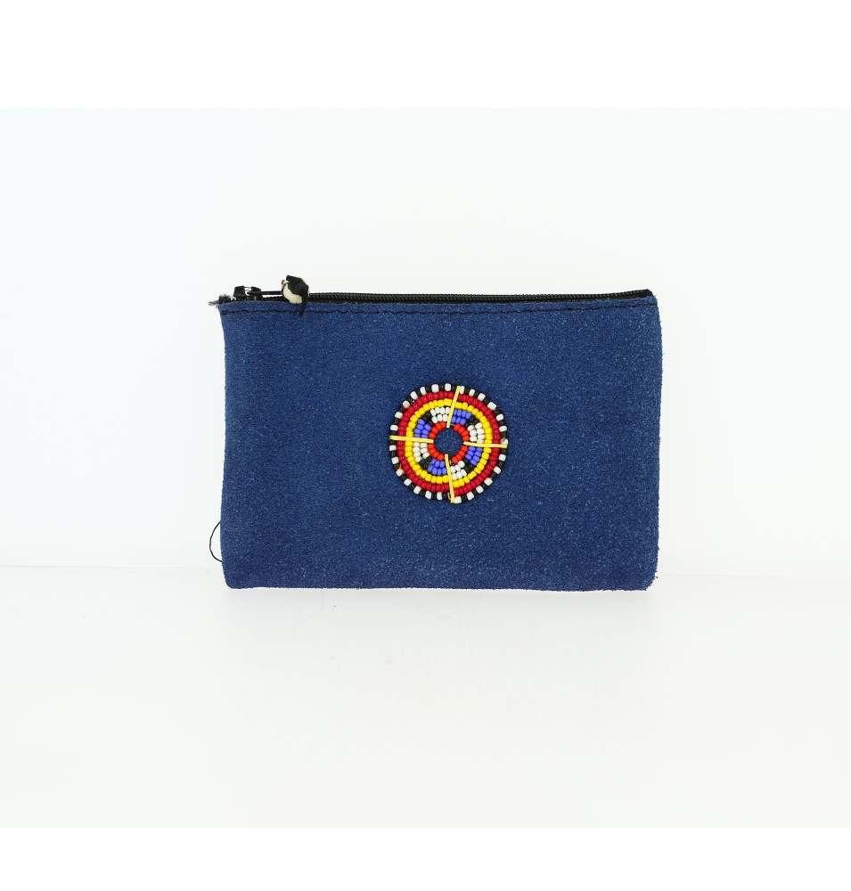 Porte-monnaie - pochette  Kenya en peau et perles - Bleu foncé