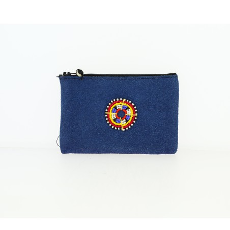 Porte-monnaie - pochette  Kenya en peau et perles - Bleu foncé