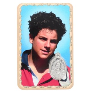 Carte plastifiée avec prière et médaille Carlo Acutis